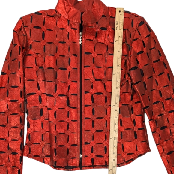 Vintage 80s Red Metallic Leather Cut Out Jacket Image Leather Womens XS Thriller - Picture 8 of 14